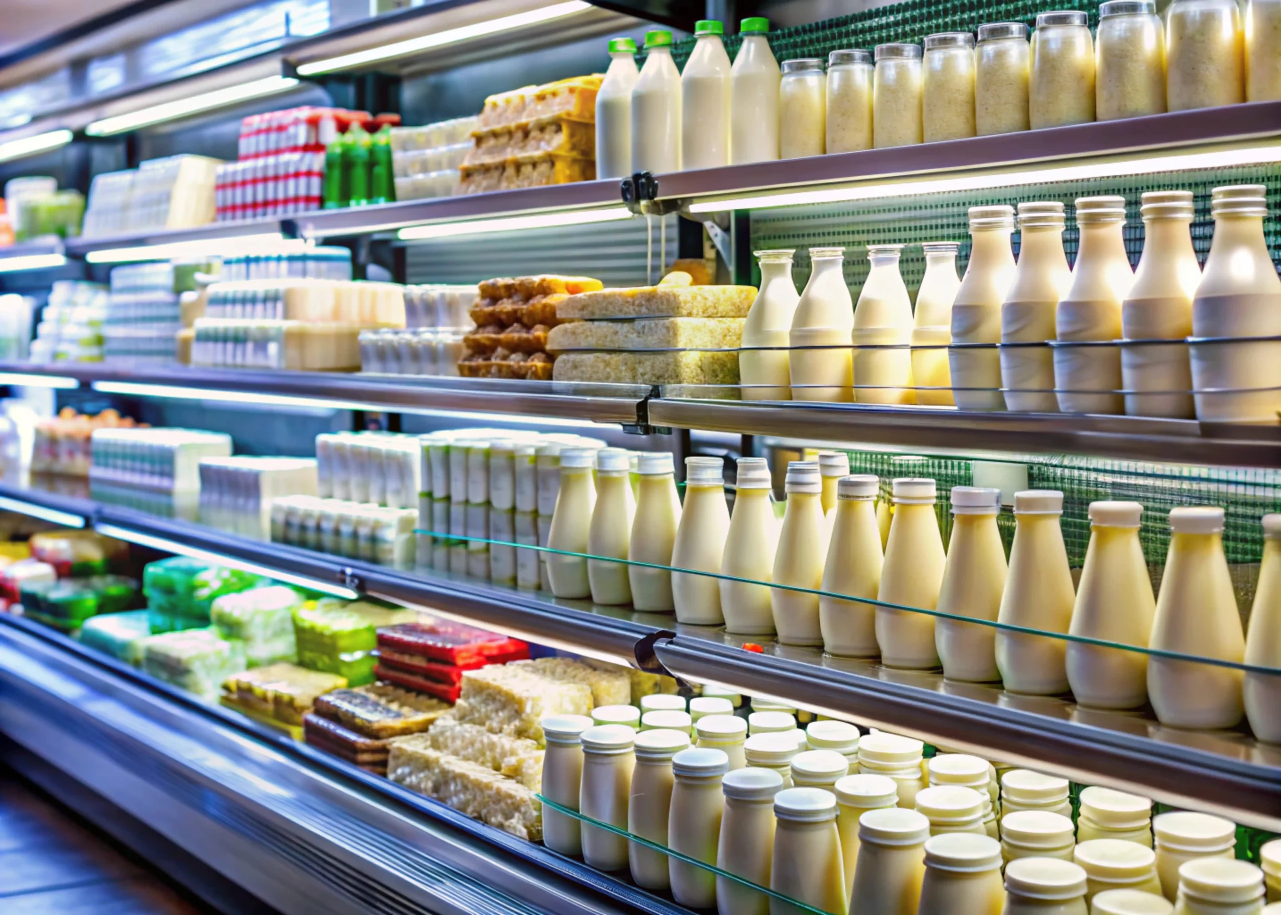 Premium dairy products including fresh milk, ghee, and paneer arranged beautifully
